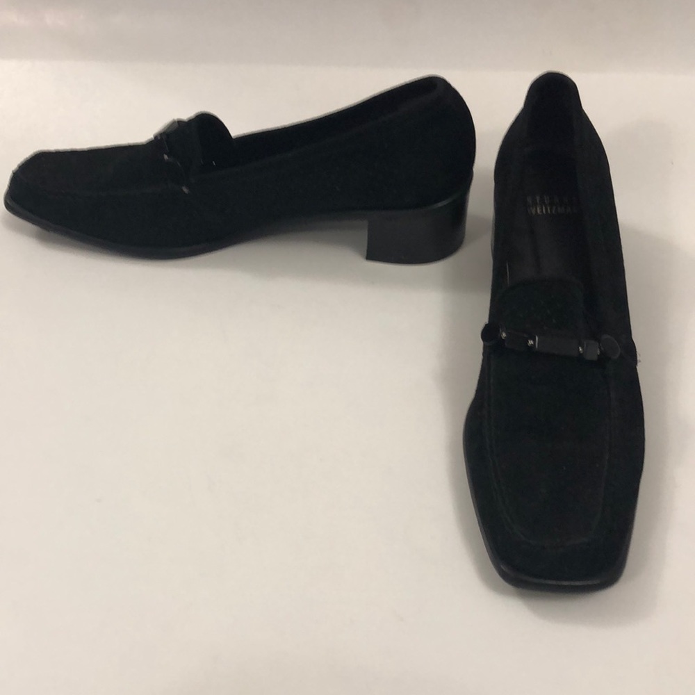 Stuart Weitzman 8.5 Loafer Black Shoe Perforated Suede Beaded Excellent Conditio